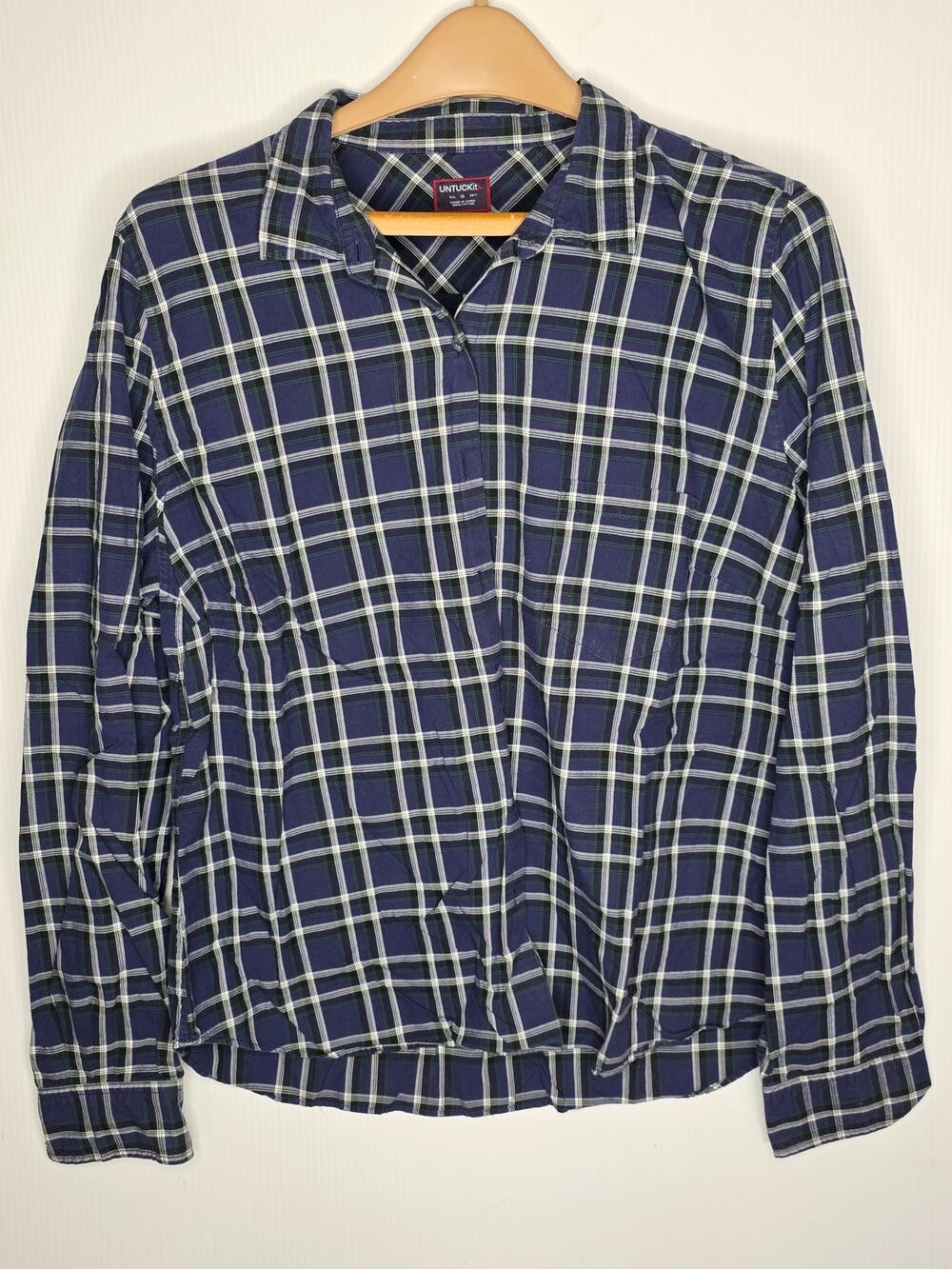 Untuckit Roussane Navy Plaid Cotton Button Down Shirt Women’s Size 16 gorpcore